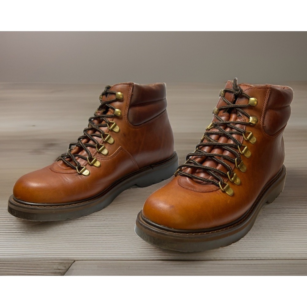 Bass Cognac Leather Alpine Hiking Boots Womens 8 Gorpcore D-Ring Lace Up Vintage - Picture 2 of 11